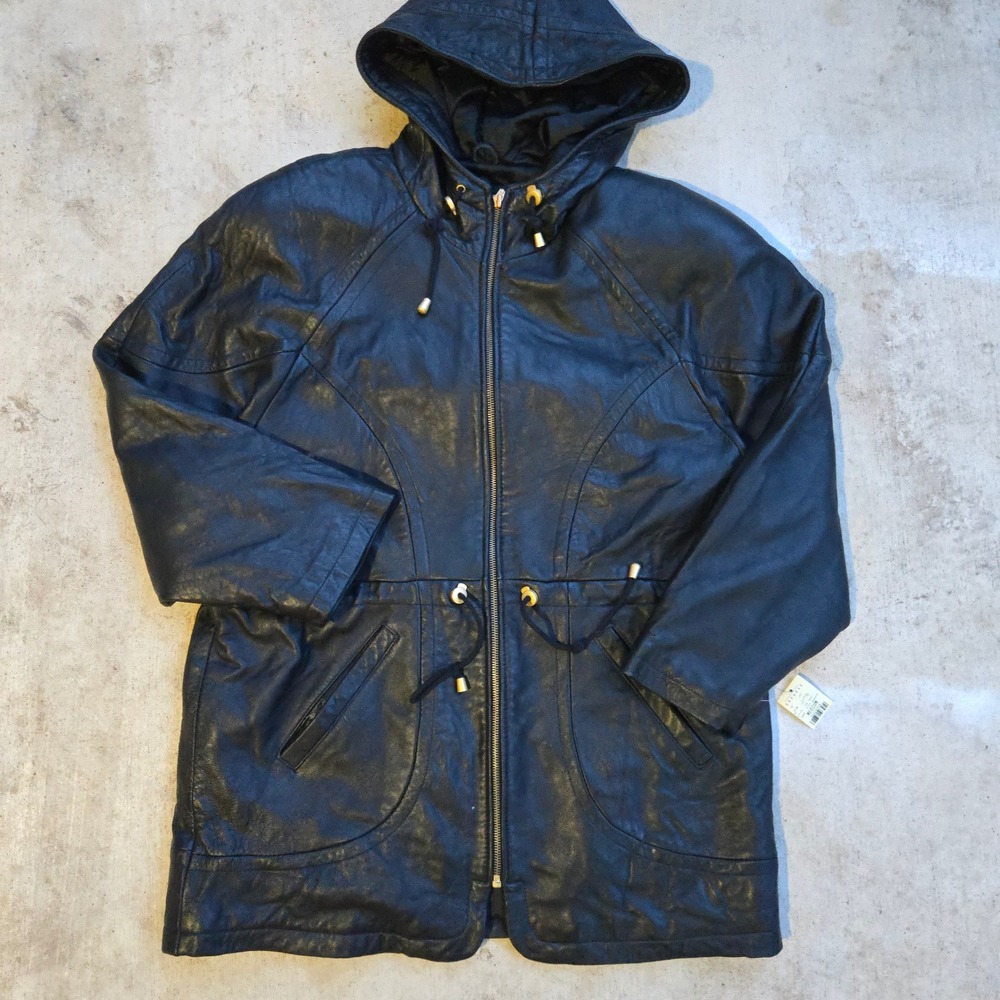 VTG‎ DEADSTOCK Express Leather Jacket BNWT Parka Black Women's Size Medium Hood